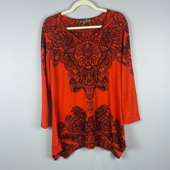 Domani Casual Stylish Cotton Blend Orange & Black Mandala Inspired Boho Top L - Picture 2 of 11